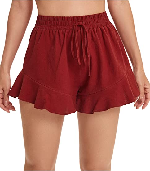 Photo 1 of Floerns Women's Solid Drawstring High Waist Ruffle Hem Casual Wide Leg Shorts Size - S
