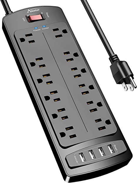 Photo 1 of Power Strip, ALESTOR Surge Protector with 12 Outlets and 4 USB Ports, 6 Feet Extension Cord (1875W/15A), 2700 Joules, ETL Listed, Black…