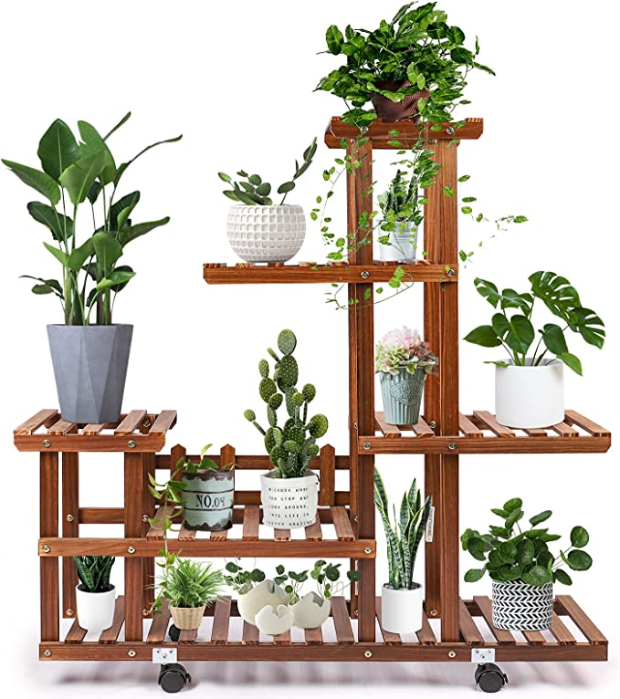 Photo 1 of Acmind Wood Plant Stand Indoor, Outdoor Plant Shelf Multi Tier Flowers Stands with Wheels, Plant Holder with 3 Free Gardening Tools for Garden Office Living Room Balcony Patio Yard