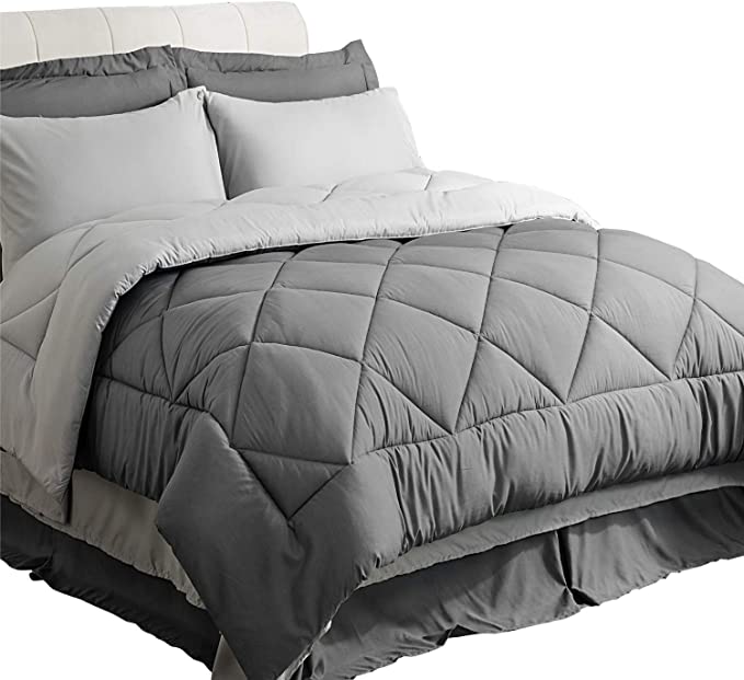 Photo 1 of Bedsure Full/Queen Comforter Set -  Reversible Bed Set Bed in A Bag Queen with Comforters, Sheets, Pillowcases & Shams, Grey Queen Bedding Sets---11pcs