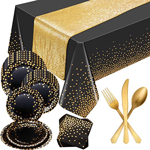 Photo 1 of  Black Gold Birthday Party Table Decoration Disposable Party Table Cloth Table Runner Plates Napkins Forks Knives Spoons for Graduation 50th 60th Birthday Party (Black and Gold)
