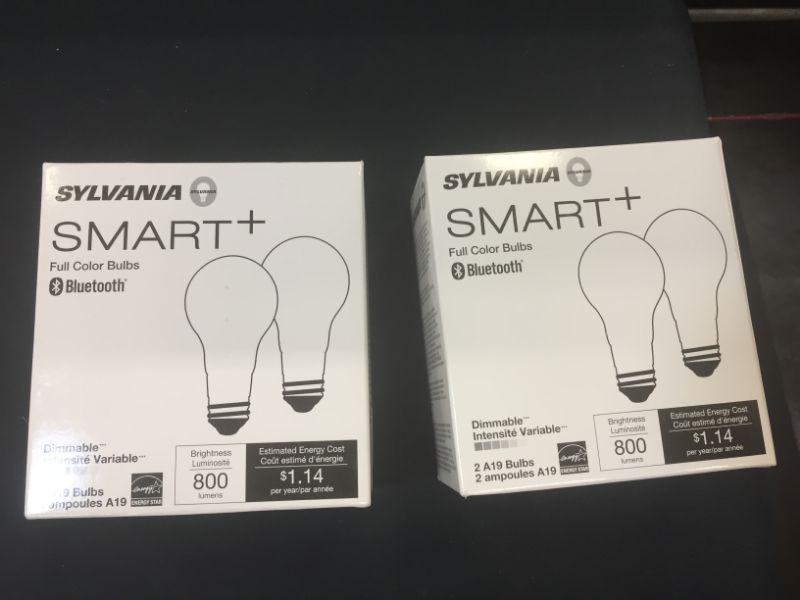 Photo 2 of 2 PACKS OF BULBS ---SYLVANIA Bluetooth Mesh LED Smart Light Bulb, One Touch Set Up, A19 60W Equivalent, E26, RGBW Full Color & Adjustable White, Works with Alexa Only - 4 LIGHTBULBS TOTAL(75760)