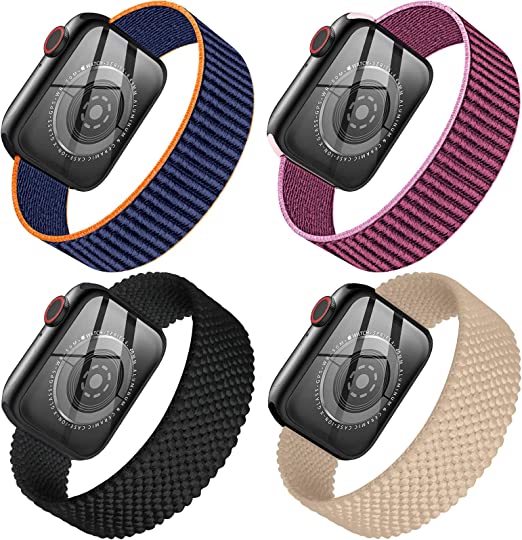 Photo 1 of 4 Pack Stretchy Nylon Solo Loop Band Compatible with Apple Watch Band 38mm 40mm 41mm 42mm 44mm 45mm for Women Men, Sport Elastic Braided Wristbands Weave Straps for iWatch Series 7/6/5/4/3/2/1/SE