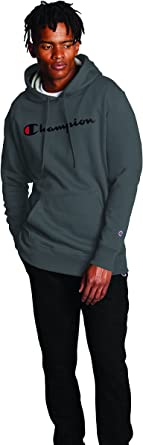 Photo 1 of Champion Men's Powerblend Fleece Pullover Hoodie, Script Logo, Gray, Medium