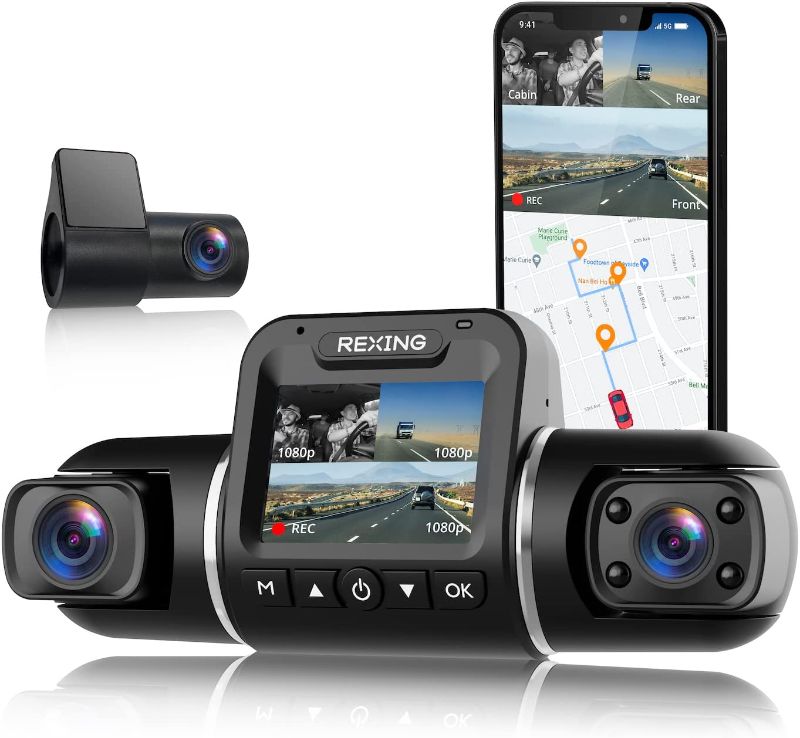 Photo 1 of Rexing V2 PRO AI Dash Cam, 3-Channel Front/Cabin/Rear 1080p Recording with Wi-Fi and GPS
