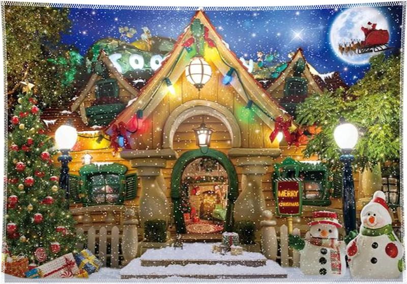 Photo 1 of Allenjoy 8x6ft Fabric Christmas Night Fairytale Story House Photography Backdrop Snowman Gift Reindeer Santa Toy Background Fireplace Village Kids Family Party Decor Portrait Shoot Photobooth Banner 