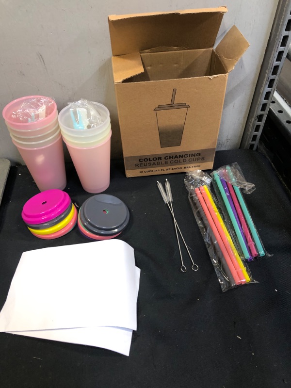 Photo 1 of 9pcs 12oz Color Changing Cups Tumbler with Straw Set Cooler Reusable Plastic Cold Drink Cups-with Lids and Straws In Bright Colors
