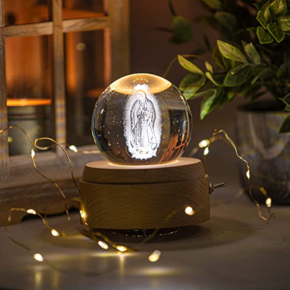 Photo 1 of 3D Crystal Ball Music Box Luxurious LED Projection Rotating Wood Base Rechargeable San Judas Tadeo, Virgin Mary for Adults and Kids Plays Spirited Away (Vigen Maria (Virgin Mary))
