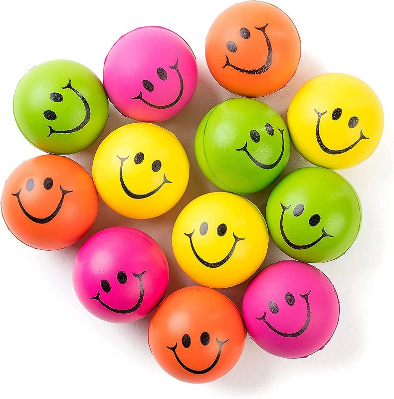 Photo 1 of Be Happy! Neon Colored Smile Funny Face Stress Ball - Happy Smile Face Squishies Toys Stress Foam Balls for Soft Play - Bulk Pack of 12 Relaxable 2.5" Stress Relief Smile Squeeze Balls Fun Toys
