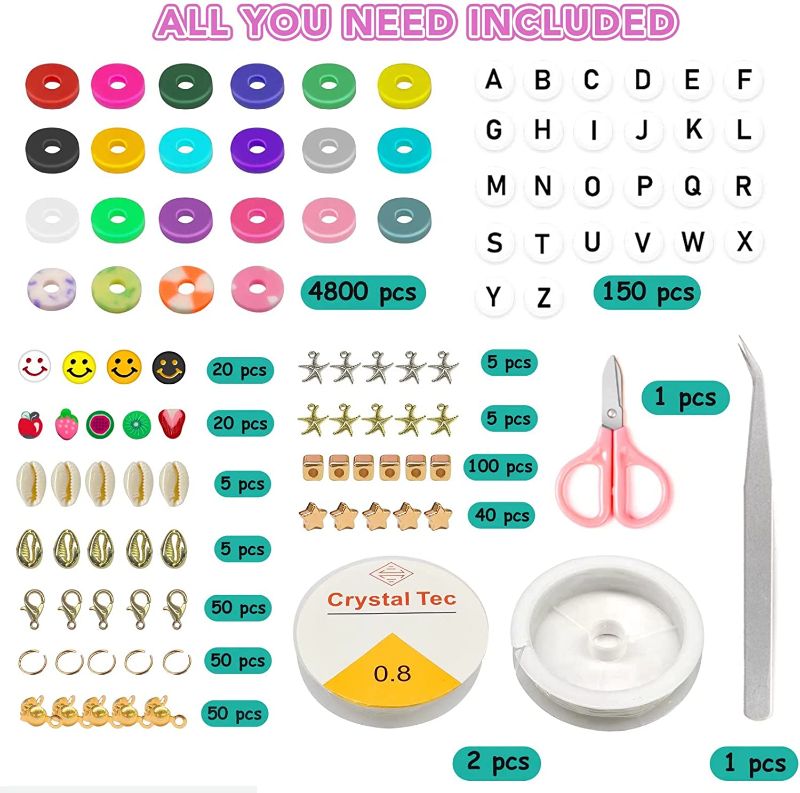 Photo 2 of [2022 New] 4800Pcs Clay Beads for DIY Bracelet Jewelry Making kit, 6mm 24 Colors Flat Round Polymer Clay Spacer Beads with Pendant Charms Kit and Elastic Strings, for Girlfriend Kid