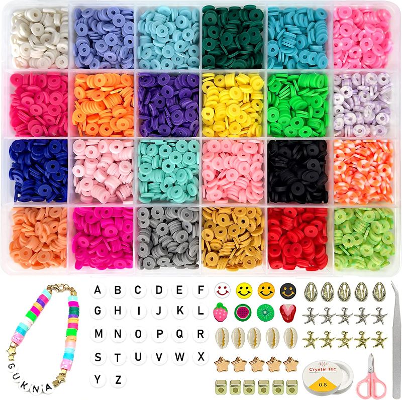 Photo 1 of [2022 New] 4800Pcs Clay Beads for DIY Bracelet Jewelry Making kit, 6mm 24 Colors Flat Round Polymer Clay Spacer Beads with Pendant Charms Kit and Elastic Strings, for Girlfriend Kid