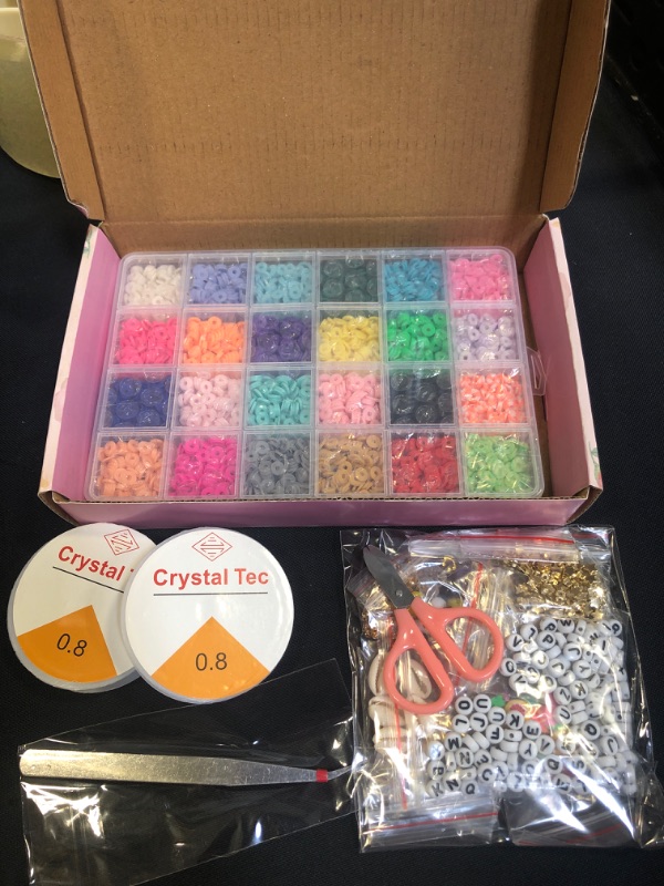 Photo 3 of [2022 New] 4800Pcs Clay Beads for DIY Bracelet Jewelry Making kit, 6mm 24 Colors Flat Round Polymer Clay Spacer Beads with Pendant Charms Kit and Elastic Strings, for Girlfriend Kid