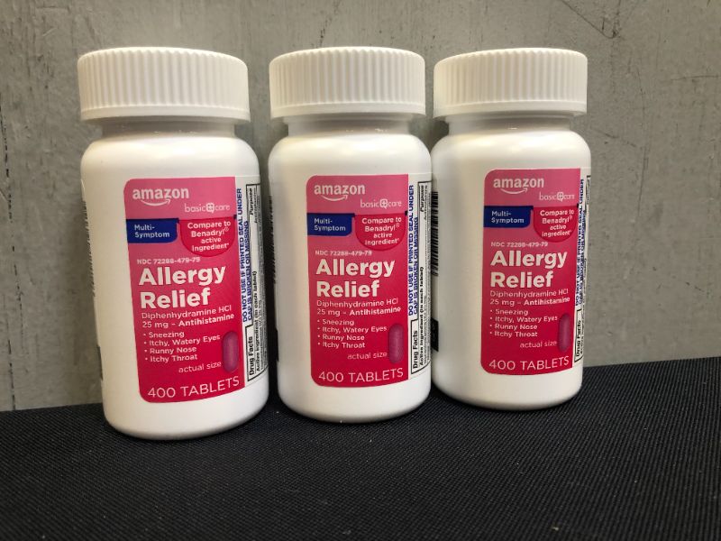 Photo 1 of 3 PK Amazon Basic Care Allergy Relief Diphenhydramine HCl 25 mg, Antihistamine Tablets for Symptoms Due to Hay Fever and Upper Respiratory Allergies, 400 Count 3 BOTTLES = 1200