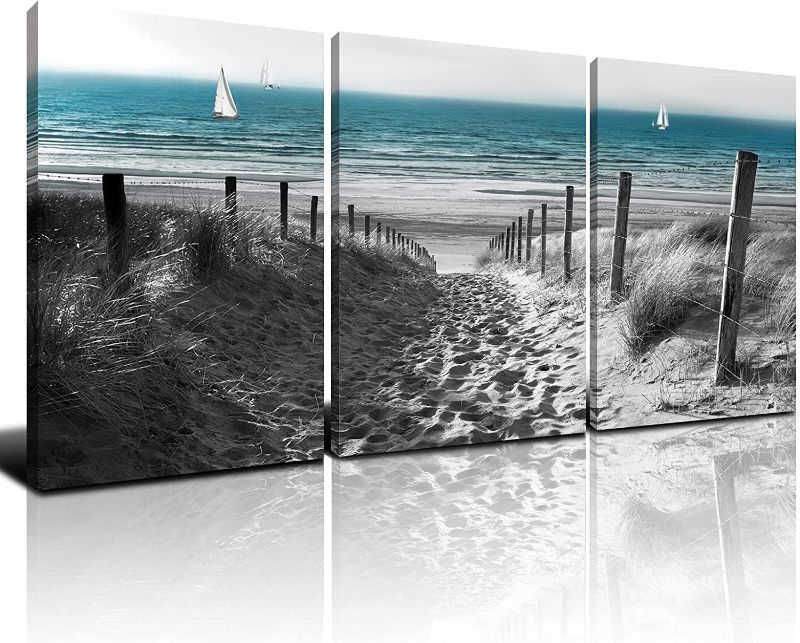 Photo 1 of Black and White Beach Wall Art Coastal Bathroom Wall Decor Blue Ocean Seascape Pictures Modern Artwork for Bedroom Living Room Office Home Decorations Sand Dune Canvas Prints Painting 12x16" 3 Pcs/Set
