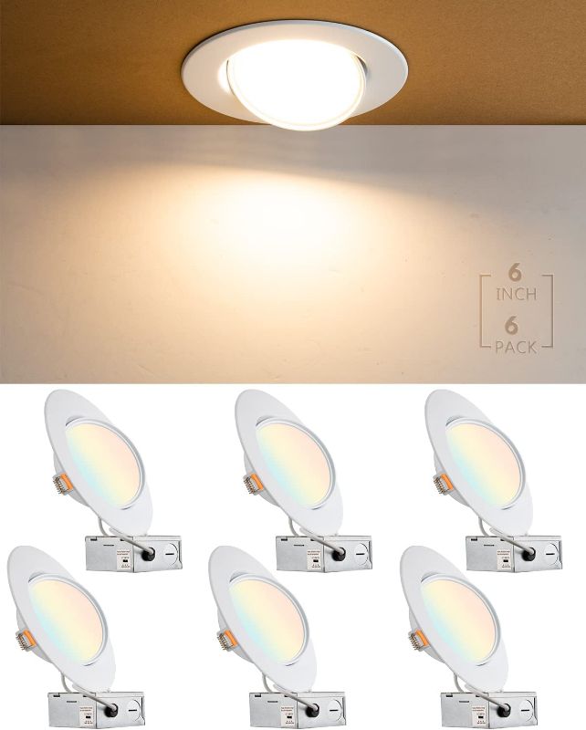 Photo 1 of 6Pack of Gimbal Recessed Lighting 6 inch, Adjustable Angled 6in LED Recessed Lighting 3000K/4000K/5000K Dimmable, Retrofit Eyeball Directional Ceiling Light for Picture Wall 12W=120W 1200LM-IC Rated
