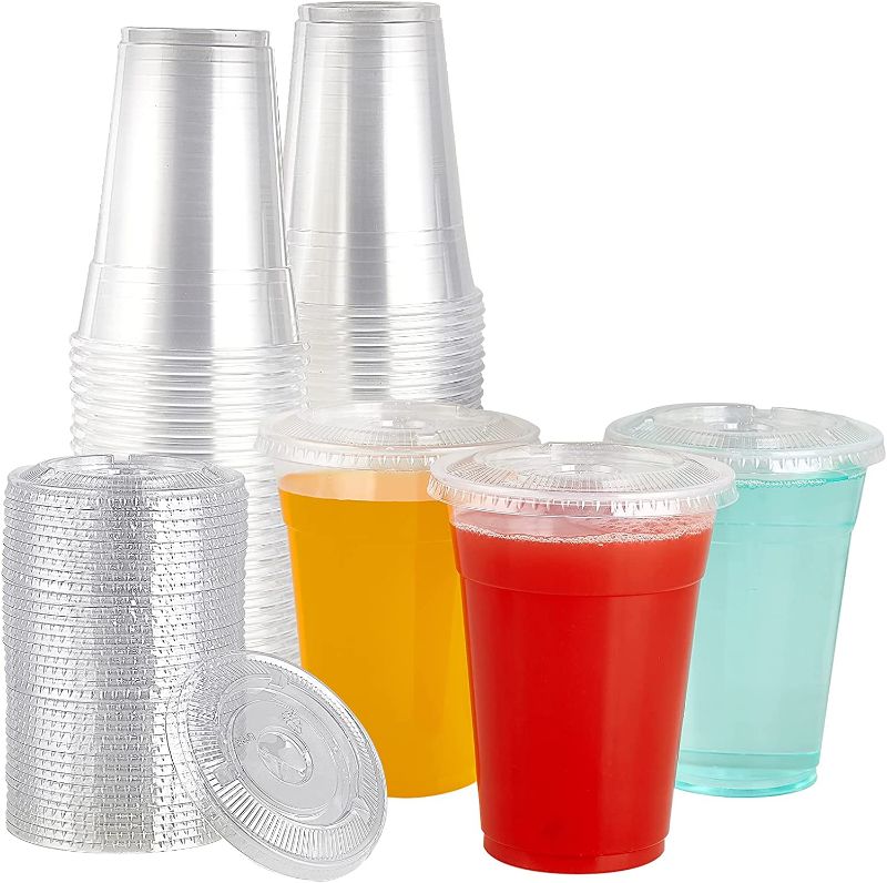 Photo 1 of [100 Pack] 16 oz Clear Plastic Cups With Flat Slotted Lids, Disposable Drinking Party Cups for Iced Cold Drinks Coffee Tea Smoothie Bubble Boba