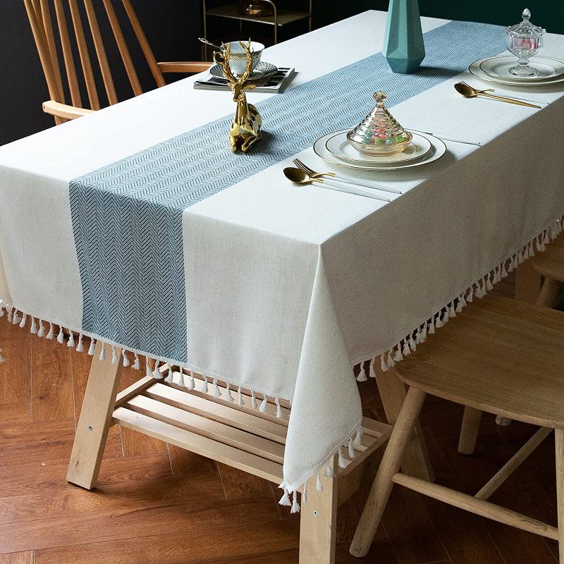 Photo 1 of Deep Dream Tablecloth, Embroidered Table Cloth Cotton Linen Wrinkle Free Tablecloths Washable Dust-Proof Table Cover for Kitchen Dinning Party (Rectangle/Oblong, 55 x 120 Inch, Sky Blue)