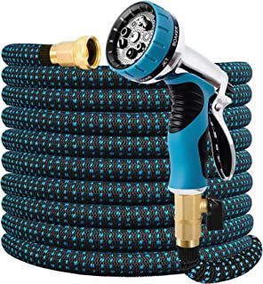 Photo 1 of 100ft Expandable Garden Hose with 9-Function High Pressure Spray Nozzle Durable 4-Ply Latex Flexible Hose 3750D with 3/4" Solid Brass Fittings (100ft, Blue)
