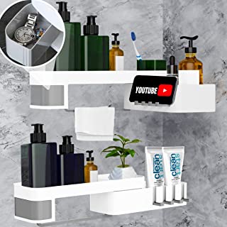 Photo 1 of Adhesive Wall Mounted Shower Caddy, Gray and White Corner Shower Caddy, 2 Shelves with Drawer, Hooks and Towel Rack, Large Storage Shelves for Indoor Shower, Bathroom

