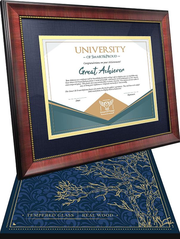 Photo 1 of Wooden Diploma, Certificate, Degree Frame - 8.5x11 with mat and 11x14 w/o mat graduation document frames - for bachelors and masters degree, high school or college, diploma or certificate award frame (Dark Blue Mat)
