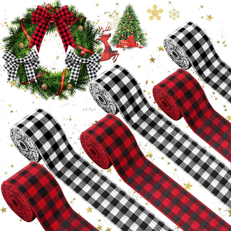 Photo 1 of 33 Yards/6 Rolls Christmas Wired Ribbons 2 Inch Wide Buffalo Plaid Ribbon Rolls Black Red Plaid Burlap Ribbons White Black Plaid Ribbon for DIY Christmas Holiday Party Decor Supplies
