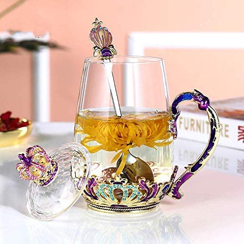 Photo 1 of YOUEON 12 Oz Enamel Glass Tea Cup with Lid and Spoon, Fancy Tea Cup with Crown, Clear Glass Cup with Gift Box, Handmade Glass Coffee Mug for Women, Girls, Birthday, Mother's Day, Valentines Day
