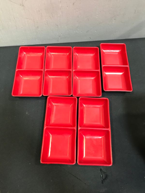 Photo 2 of 6 Pieces Dual Dipping Bowls Melamine Dual Sauce Bowls Dual Sauce Dishes Divided Sauce Dishes Wasabi Sushi Dipping Plates Appetizer Serving Tray for Restaurant Kitchen, Soy Sauce, Ketchup, BBQ Sauce
