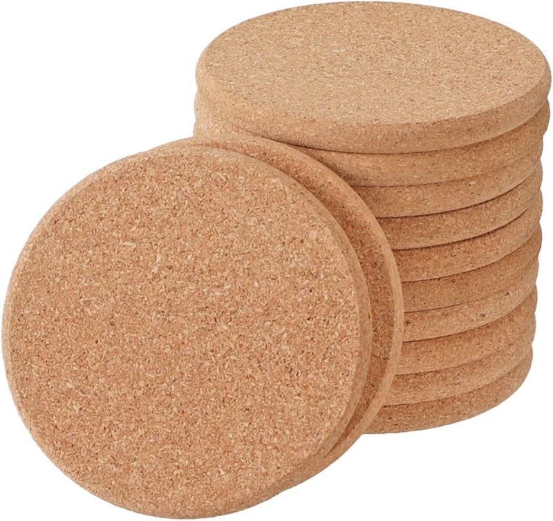 Photo 1 of 12 Cork Coasters Round Extra Thick Drink Coasters with Curved Edges 0.4" Thick 4" Diameter Wooden Coasters Bulk, Absorbent and Reusable Fit for Dining Tables Desks Bars
