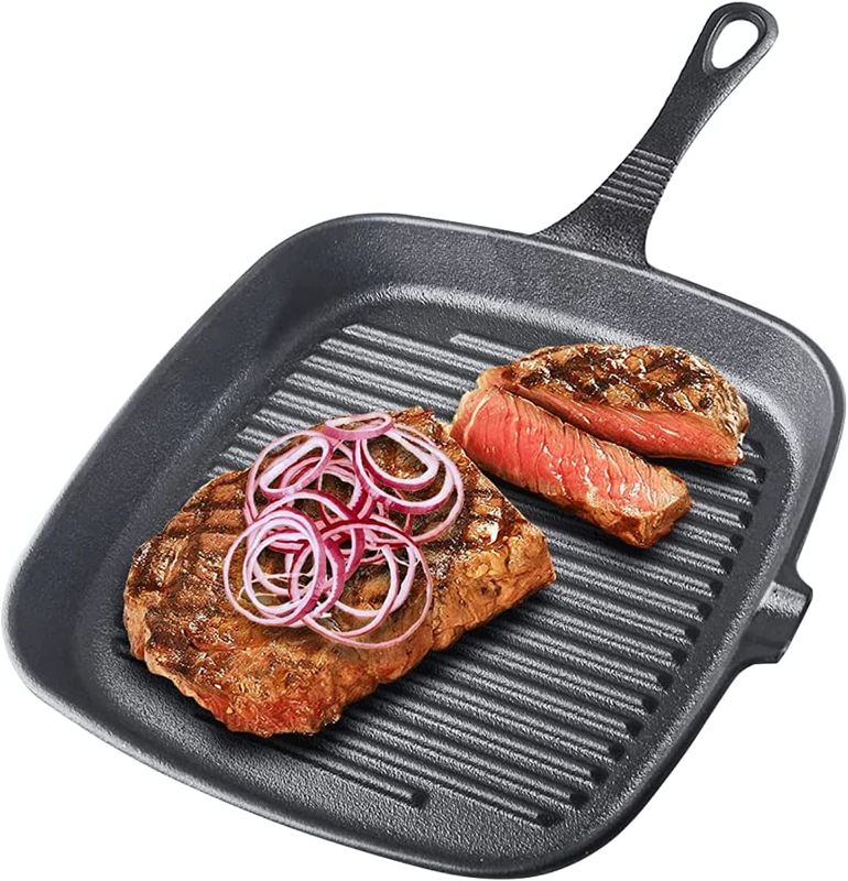 Photo 1 of B.C. FIND FOOD Cast Iron Grill Pan Non Stick 9 inch Diameter Suare Skillet B.C. Fine Food iron Frying Pan and Pots For Grilling Bacon Steak Meats Best Gift For Her Christmas Gifts
