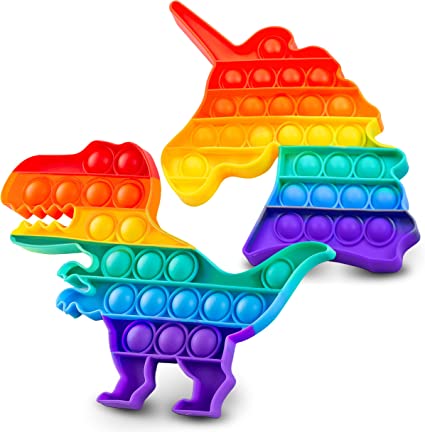 Photo 1 of 2 pieces- Chuchik Push Pop Bubble Fidget Sensory Toy with Improved Clicking Sound – Fidget Poppers, Bubble Popping Sensory Toy – Premium BPA Free Silicone Poppet Fidget Toy Rainbow Unicorn & Dinosaur 2 Pack