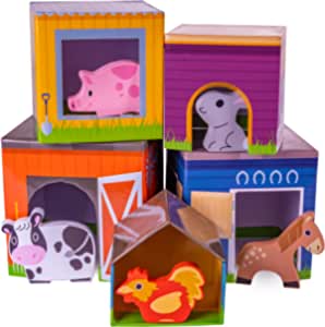 Photo 1 of Friendly Farm Match 'n Stack Nesting Blocks | 5 Barnyard Pals & Stackable Home Boxes | Wooden Animals Fit into Colorful Cube Shapes | Includes Chicken, Cow, Pig, Horse, and Rabbit | Classic Kids Toy
