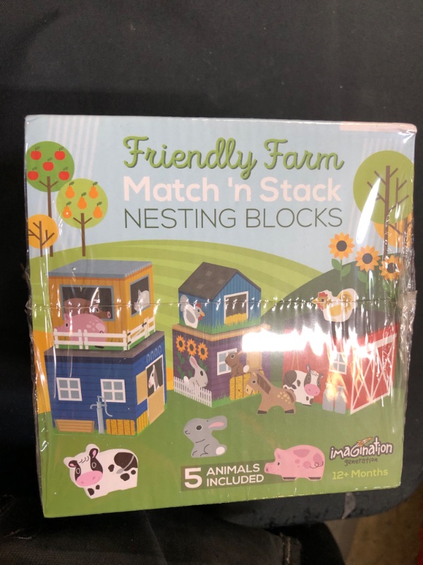 Photo 2 of Friendly Farm Match 'n Stack Nesting Blocks | 5 Barnyard Pals & Stackable Home Boxes | Wooden Animals Fit into Colorful Cube Shapes | Includes Chicken, Cow, Pig, Horse, and Rabbit | Classic Kids Toy
