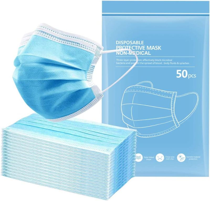 Photo 1 of 3 Pack- HSDZ 50PCS Bulk Face Masks for Women, Breathable 3 Ply Disposable Face Mask with Elastic Earloop Adult Mouth Cover for School Office Supplies(Blue)
