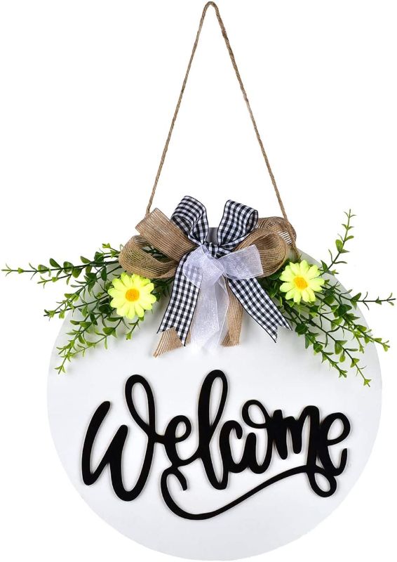 Photo 1 of GRBAMBI Welcome Sign Wreaths Hello Sign Wreaths - 12Inch Wooden Hanging Wreath with Eucalyptu Daisy Flower Decoration Wreath for Front Door Porch Decor (White)
