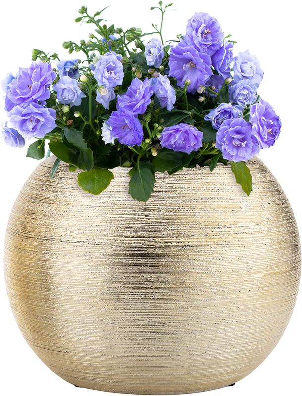 Photo 1 of 7-Inch Round Modern Metallic Gold-Tone Ridged Ceramic Plant Flower Planter Pot, Decorative Bowl Vase
