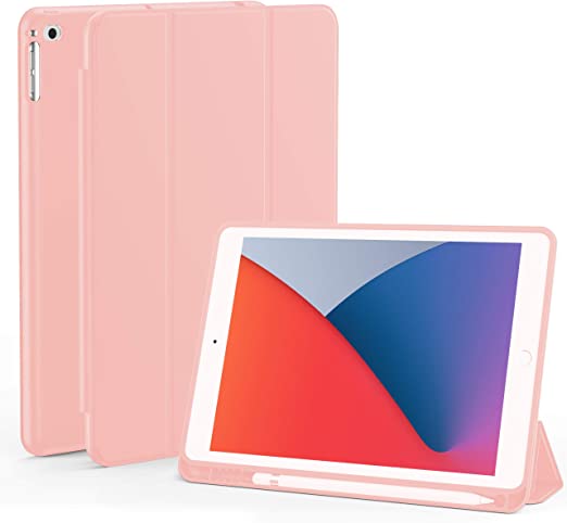 Photo 1 of iPad 10.2 Case, iPad 10.2 8th Gen(2020)/7th Generation(2019) Case with Pencil Holder, Slim Soft Silicone Back Cover for 10.2 inch ipad case, Auto Wake/Sleep (Pink)
