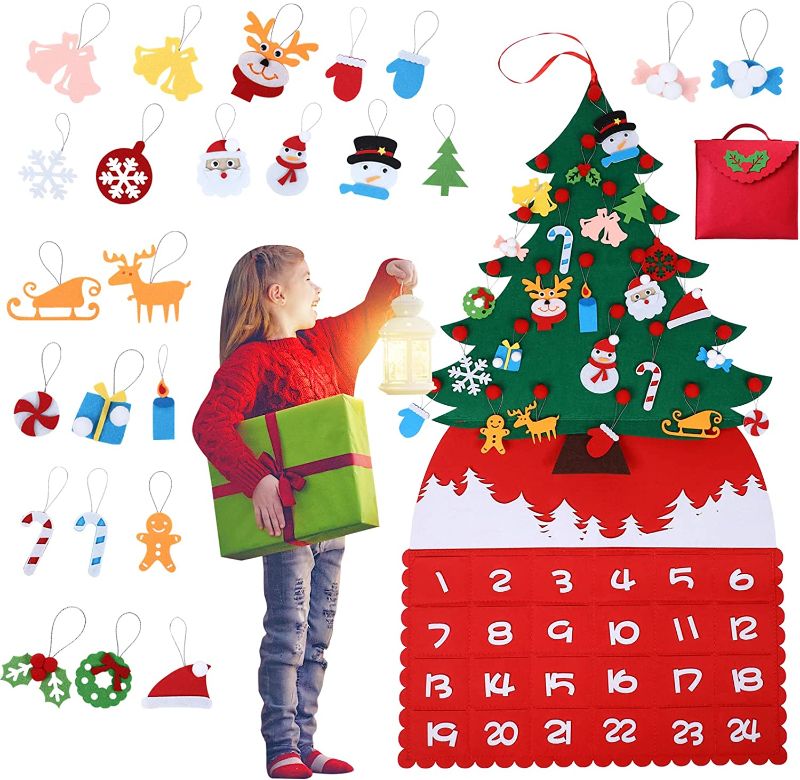 Photo 1 of Onlyeah DIY Felt Christmas Tree - Wall Hanging 24 Days Countdown to Xmas Advent Calendar with 24 Ornaments & Pockets, New Year Holiday Party Décor With Gift Storage Bag, Detachable Home Decorations Gifts For Kids
