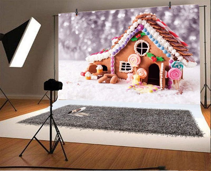 Photo 1 of Baocicco Vinyl 8x5ft Gingerbread House Backdrop Winter Snowscape Photography Background Merry Christmas Cup Cake Cane Sugar Snowflake Bokeh Backdrop Children Baby Portraits Photo Studio
