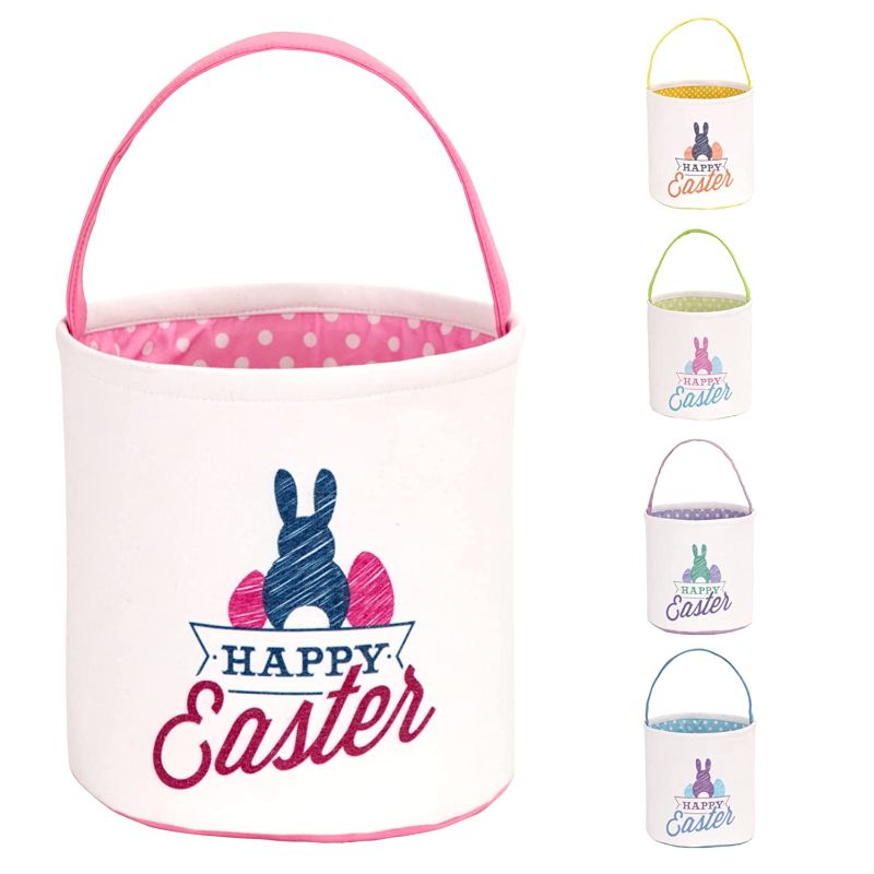 Photo 1 of LessMo Easter Bunny Basket Egg Buckets Gifts Tote Bags, Canvas Cotton Green Cute Personalized Egg Hunt Basket Stuffers for Easter Party
