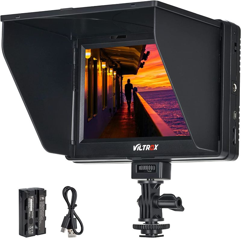 Photo 1 of VILTROX DC-70 II 7 inch Camera Video Monitor, 4K Camera Field Monitor Kit with HDMI AV Input/Output for Canon Nikon Sony DSLR Camera, Peaking Focus Assist Video Monitor with Sunshade Hood/Battery
