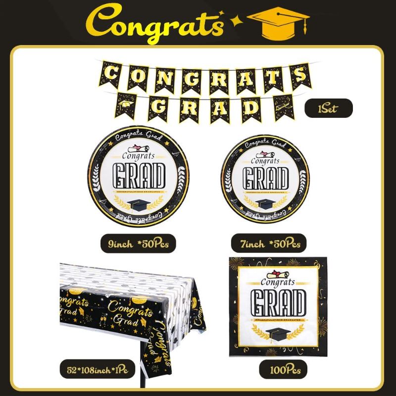 Photo 1 of 202PCS Graduation Party Plates and Napkins Severs 50, Class of 2022 Graduation Party Supplies with Plates, Napkins, Banner,Tbalecloth for College High School Graduation Decorations 2022(Sever 50)
