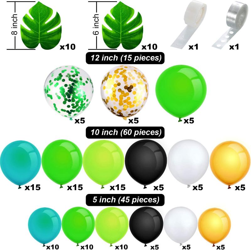 Photo 1 of 120 Pieces Jungle Party Balloons Confetti Balloons, 20 Pieces Palm Leaves with Balloon Arch Garland Decorating Strip for Tropical Jungle Parties (Dark Green, Green, Light Green, Black, White, Gold)
