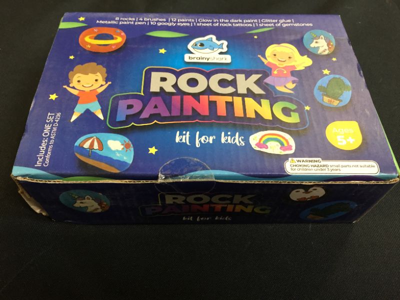 Photo 2 of Brainy Shark Rock Painting Kit for Kids - Children's Arts and Crafts Set - 8 Rocks, 12 Paints, 4 Brushes, Googly Eyes, Metallic Paint Pen, Glitter Glue, Tattoo & Gem Stickers - Gift for Boys & Girls
