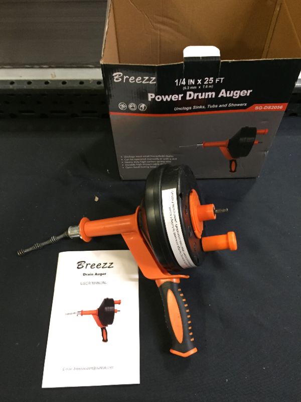 Photo 2 of Drain Auger, Breezz Clog Remover with Drill Adapter, 25 Feet Heavy Duty Flexible Plumbing Snake Use Manually or Powered for Kitchen,Bathrom and Shower Sink, Comes with Gloves (Orange)
