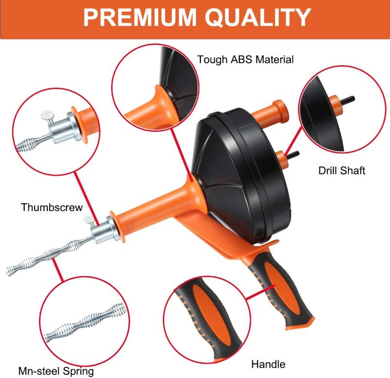 Photo 1 of Drain Auger, Breezz Clog Remover with Drill Adapter, 25 Feet Heavy Duty Flexible Plumbing Snake Use Manually or Powered for Kitchen,Bathrom and Shower Sink, Comes with Gloves (Orange)
