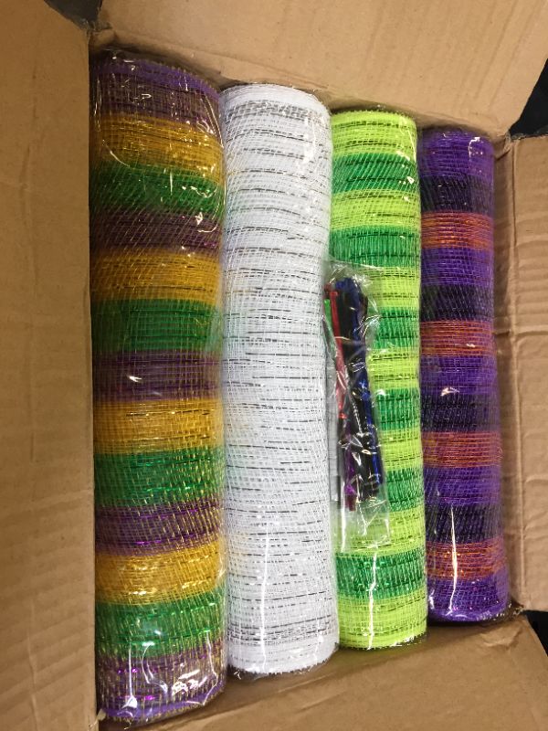 Photo 2 of 8 Rolls Easter Mesh Ribbon Decor Mesh Wreath Supplies Metallic Foil Mesh Ribbon with 160 Pieces Mixed Color Twist Ties for Wreaths Craft Home Decoration Supplies (Festival Color,10 Inch x 16 Feet)

