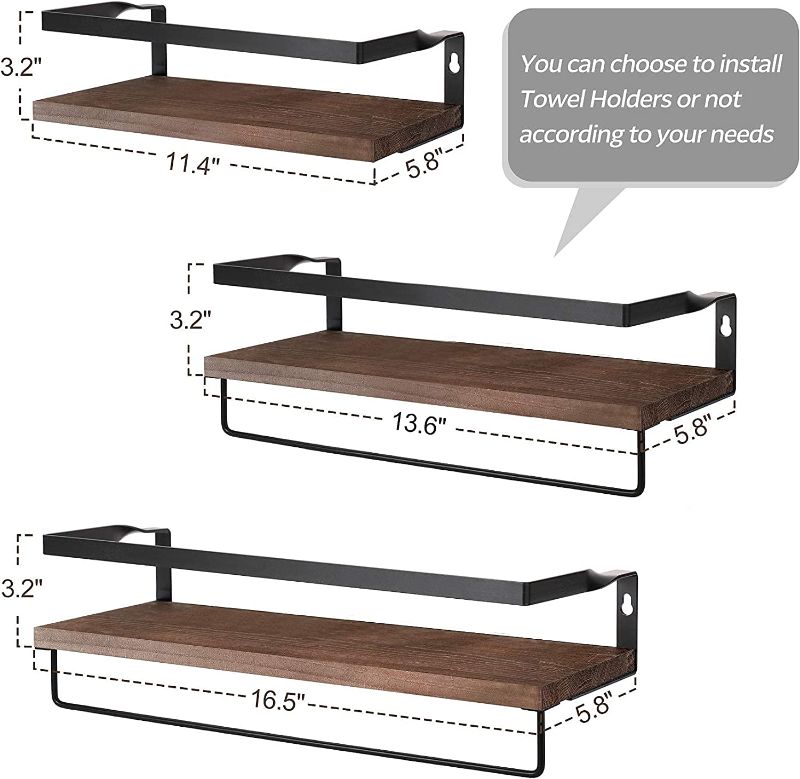 Photo 1 of 3 Set PRE-Assembled Floating Bathroom Shelves with 2 Towel Bars, Wall Mounted Storage Wood Shelf, Rustic Decor Accessories for Bathroom, Kitchen, Bedroom, Office, Over Toilet - Brown
