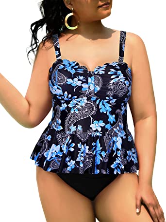 Photo 1 of Yonique 2 Piece Plus Size Tankini Swimsuits for Women High Waisted Tummy Control Scalloped Bathing Suits Peplum Swimwear SIZE 16W
