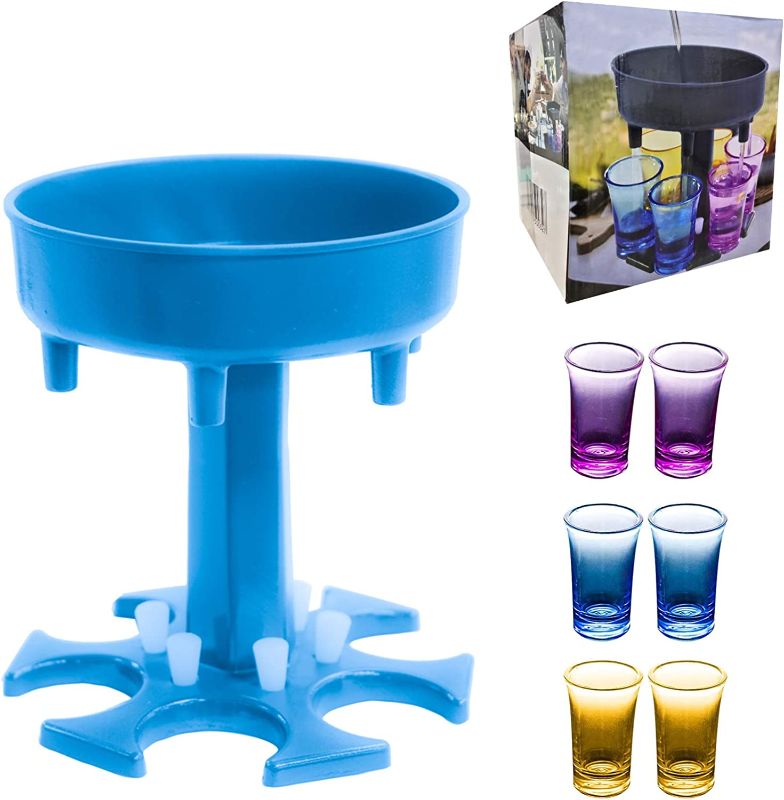 Photo 1 of 6 Shot Glass Dispenser and Holder With 6 Pcs 1.2oz Acrylic Cup, Drinking Games Wine Dispenser for Bar Cocktail, Dispenser for Filling Liquids Blue Dispenser With Slogan
