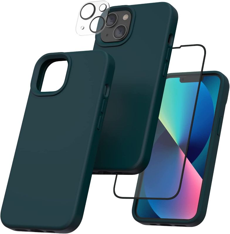 Photo 1 of POVRYE [3 in 1] Designed for iPhone 13 Case 6.1 Inch, with 1 Pack Screen Protector + 1 Pack Camera Lens Protector, Liquid Silicone Slim Shockproof Cover [Anti-Scratch] [Drop Protection], Teal